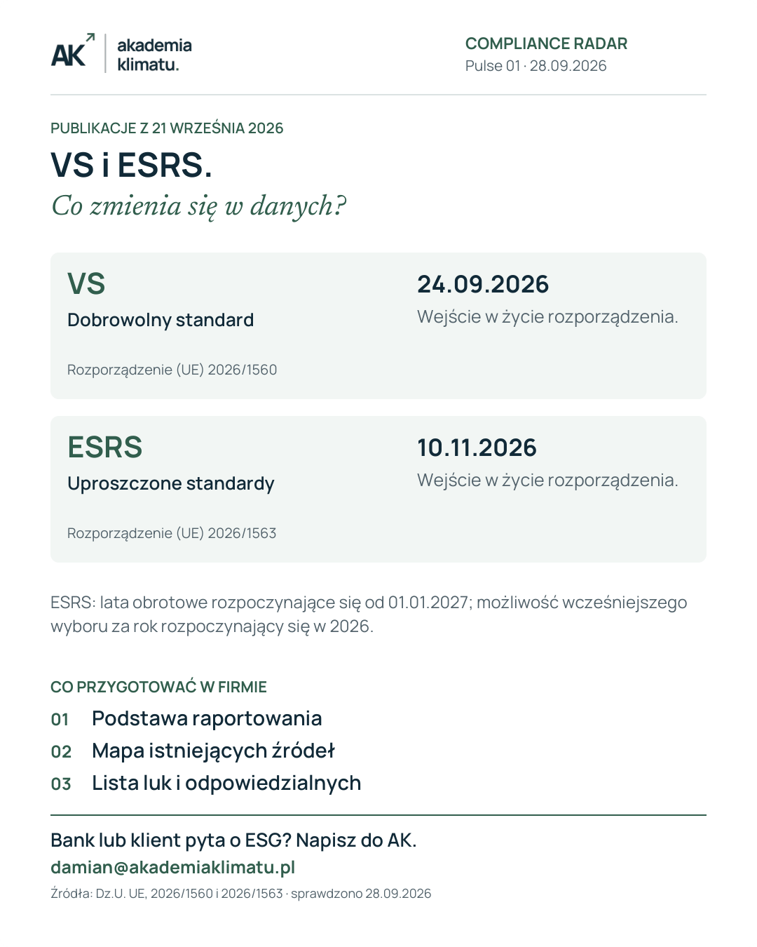 VS i ESRS: publikacja 21 września 2026. VS — wejście w życie 24 września. Uproszczone ESRS — 10 listopada; stosowanie do lat od 1 stycznia 2027, z opcją za 2026. Przygotuj podstawę raportowania, mapę źródeł i listę luk.